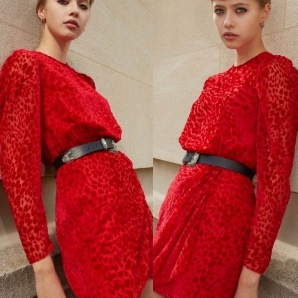 The Kooples Artichoke Burnout Velvet Leopard Red Mini Dress New Size Small